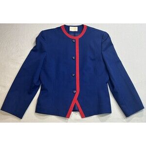 Vintage Pendleton Womens Blazer Jacket Sz 10 Navy Blue Virgin Wool USA Red Trim